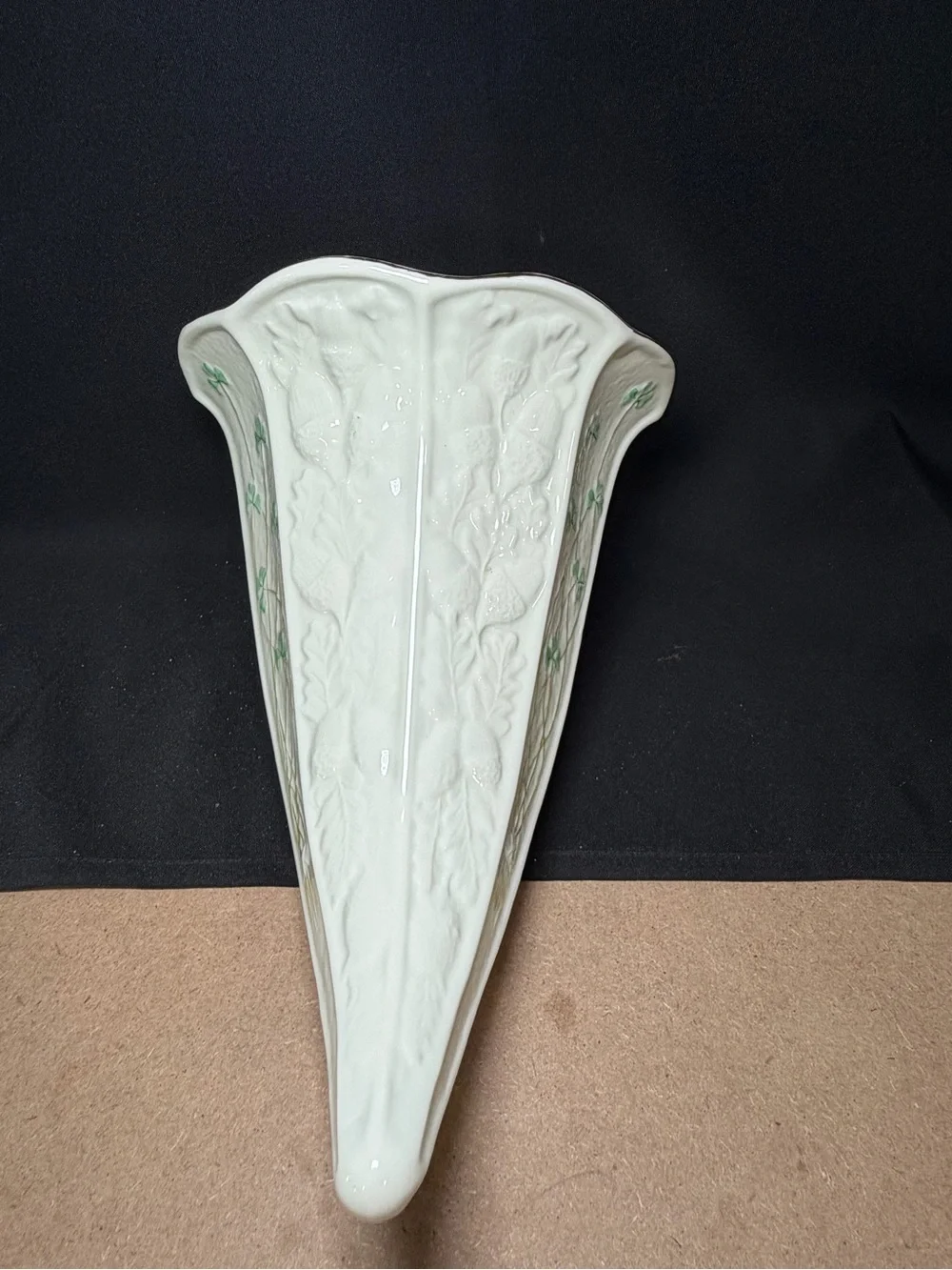Belleek Pottery Ireland Shamrock Gold Accent Cornucopia 7 Inch High 11.5 In Long